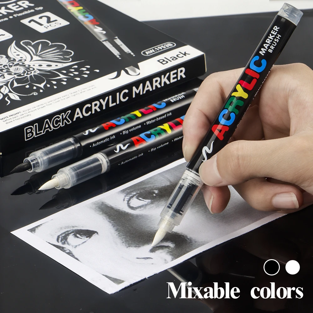 12 Pcs Art Markers Waterproof Black/White Brush Pen Tip For Painting DIY Stone Wood Sketch Advertising Painting School Supplies