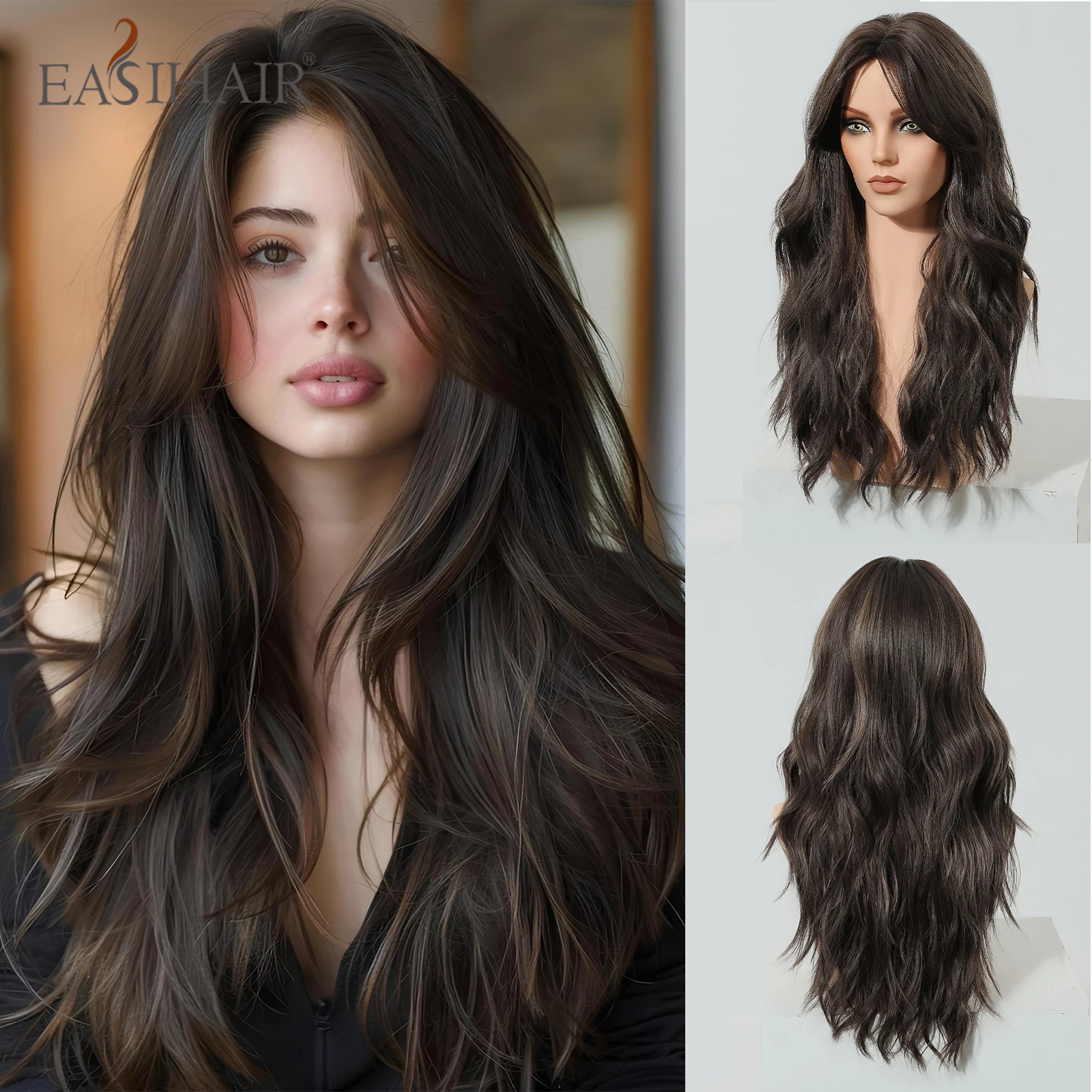 EASIHAIR Long Wavy Brown Synthetic Wigs for Women Dark Brown Wigs With Side Bangs Natural Hair for Daily Use Heat Resistant Wig