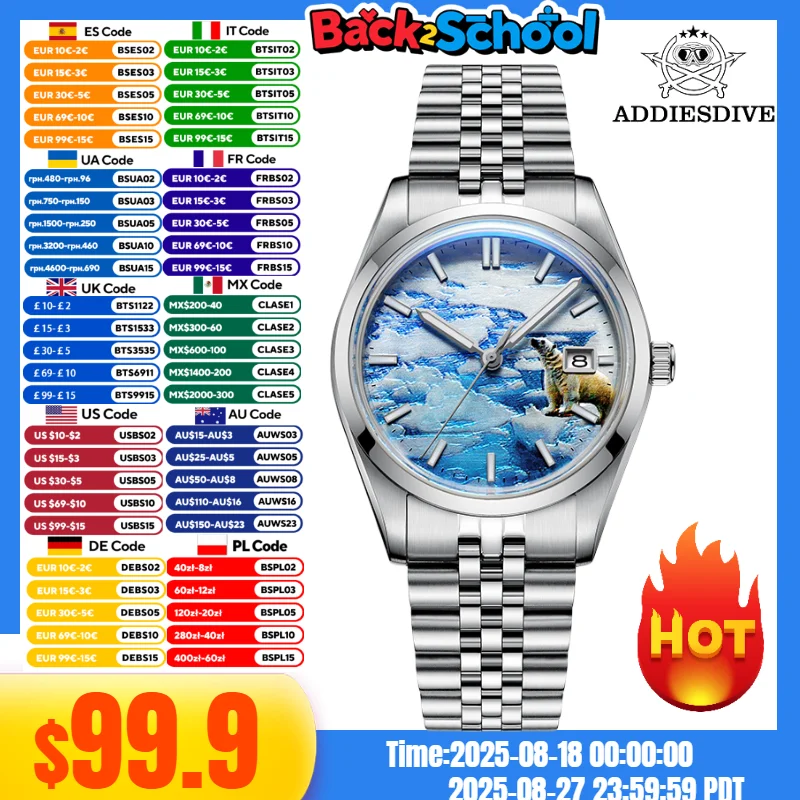 

ADDIESDIVE Men's Watches 10Bar Diver BGW9 Blue Luminous Glacier 3D Dial Bubble Mirror Glass Automatic Mechanical Watches