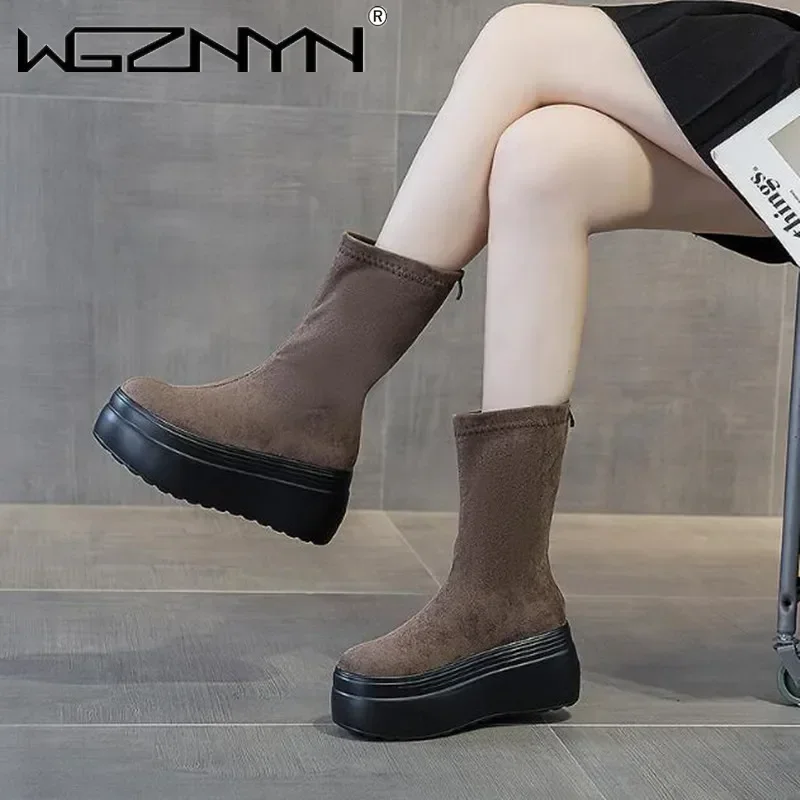 

8 см новые роскошные женские ботинки из коровьей замши на танкетке, весенние ботинки из овчины на скрытом каблуке, зимние женские ботинки до середины икры до середины икры, ботильоны