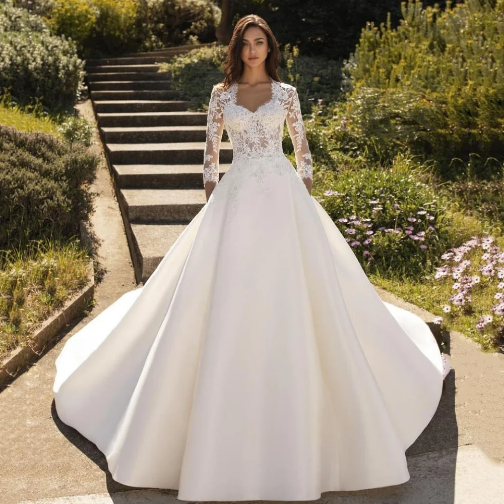 

Elegant Luxury Customized Wedding Dresses A Line Long Sleeve Bride Robe Sweetheart Neck Bridal Gowns Lace New Vestidos De Noiva