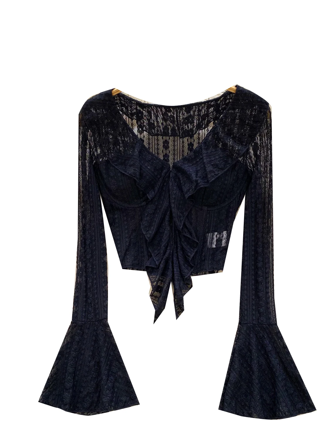 Pure Desire Spicy Bla Women's T-irt V-ne Lace Long Sve Thin Design Sense Floral  Splicing Breathable Autumn Clothes