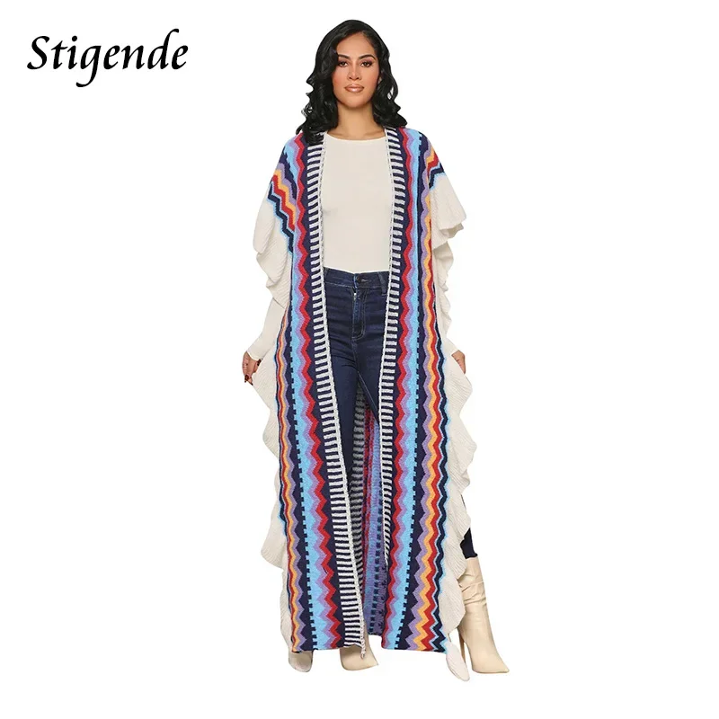 

Stigende Woman Ruffle Long Cardigan Vest Striped Wave Loose Waistcoat Sweater Sleeveless Knitted Side Split Tank Coat