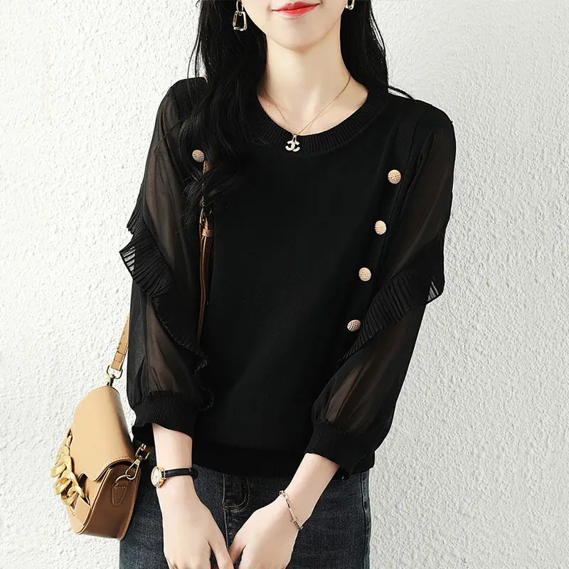 Korean Gauze Patchwork Blouse 3/4 Sleeve Women\'s Clothing Commute Solid Color O-Neck Spring Autumn Button Basic Knitted Shirt