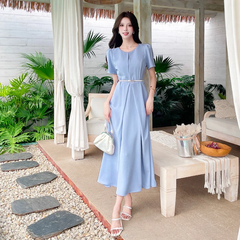 

Solid Color O-neck Puff Sleeves Pleated A-line Dresses Office Lady Elegant Women Formal Dress Long Vestido with Belt Summer