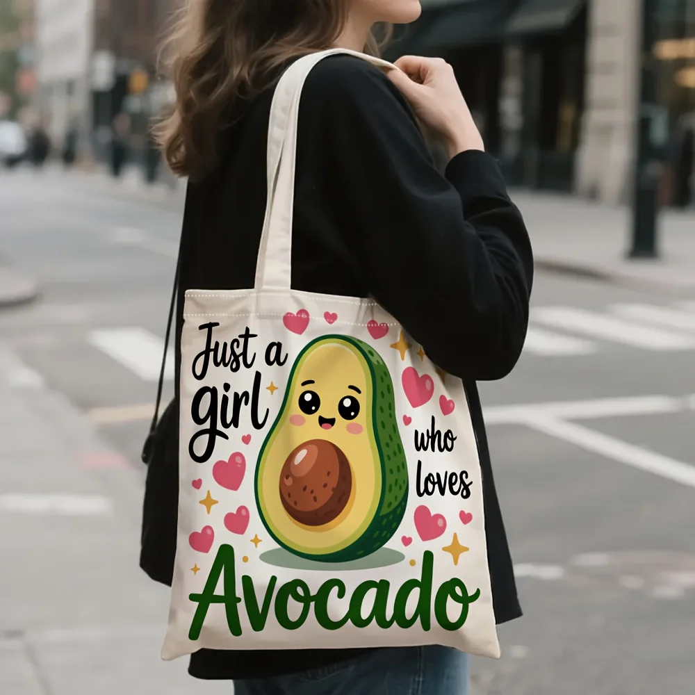 Cute Avocado Girl Print Tote Bag - Reusable Canvas Shopping Bag with Heart & Star Design, Spacious Durable Women's Tote for Comm