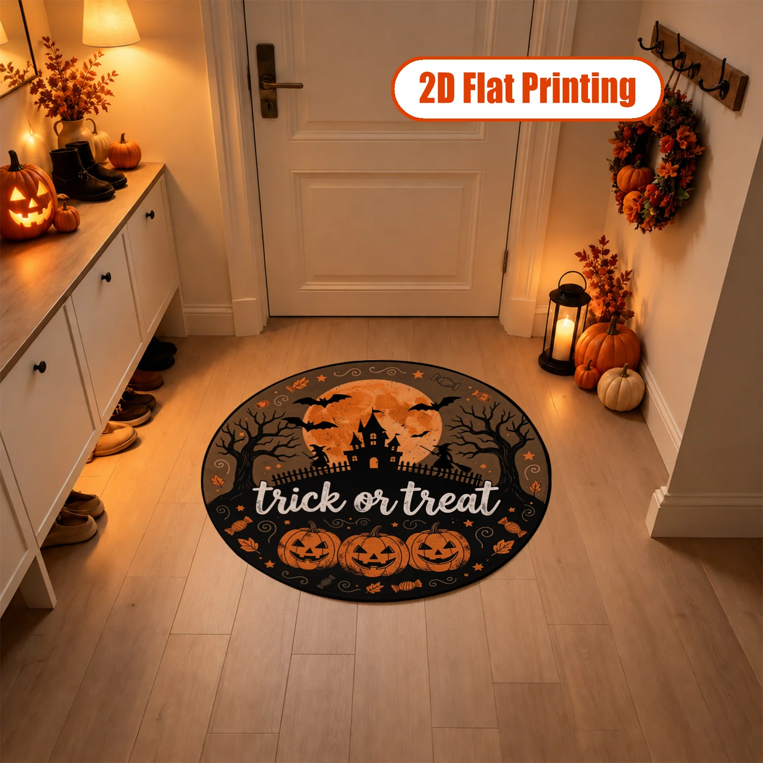 Halloween Pumpkin Bat Haunted House Round Velvet Doormat, Machine Washable Soft Rug for Front Door, Entryway, Living Room, Kitchen, Ideal for Halloween, Thanksgiving, Christmas, New Year Decor, Perfect for Black Friday, Cyber Monday Seasonal Use