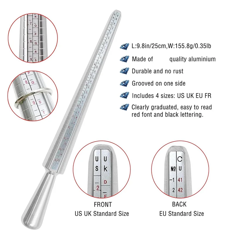 AC23-Ring Size Measuring Tool Set, Metal Mandrel Ring Sizer Finger Size Rod Wire Wrap Ring Tool Jewelry Making Kit
