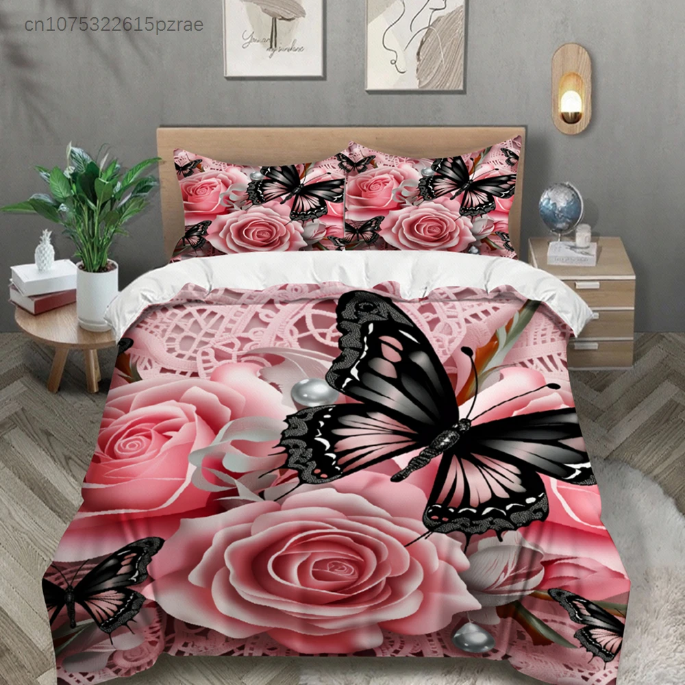 Rose And Butterfly Printed Bedding Set Pink Floral And Insect Pattern With Duvet Cover &  Pillowcases For Bedroom Decor