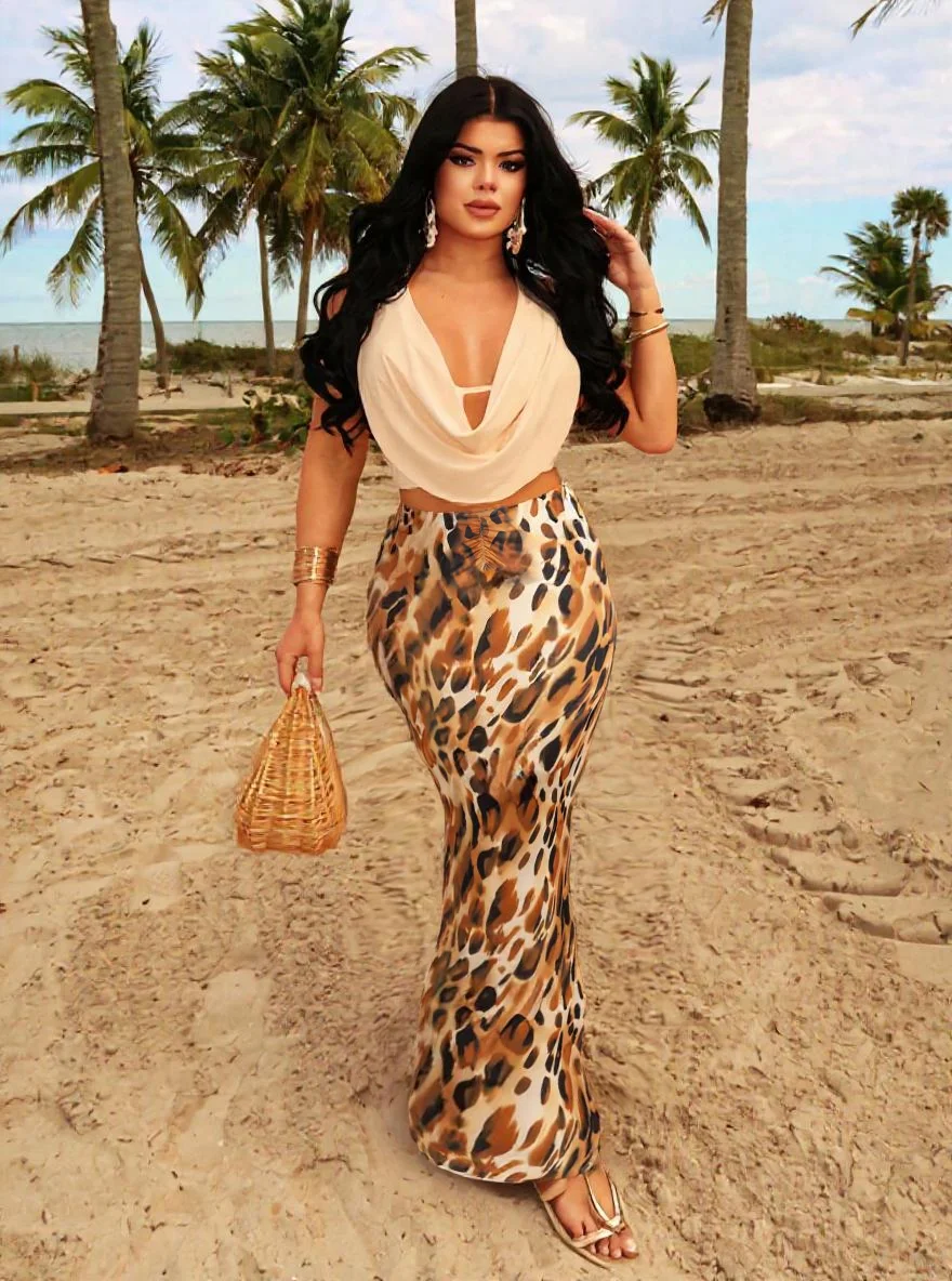

Women High Waist Leopard Print Bodycon Maxi Skirt Trendy New Spring Summer Vacation Beach Date Flattering Lightweight Skirt