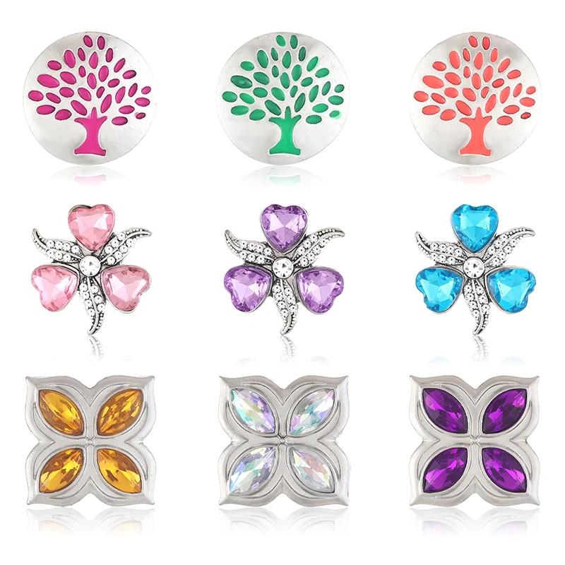 New Beauty Colorful Rhinestone Life of Tree Leaves Flowers 18MM snap buttons fit DIY snap bracelet necklace jewelry wholesale