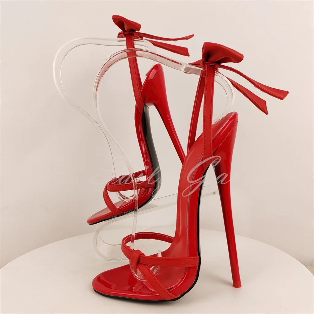 

Red Bowkont Decor Super High Heel Sandals Women Open Toe Stiletto Heel Slingback Slip On Sweet Style Elegant Party Dress Shoes