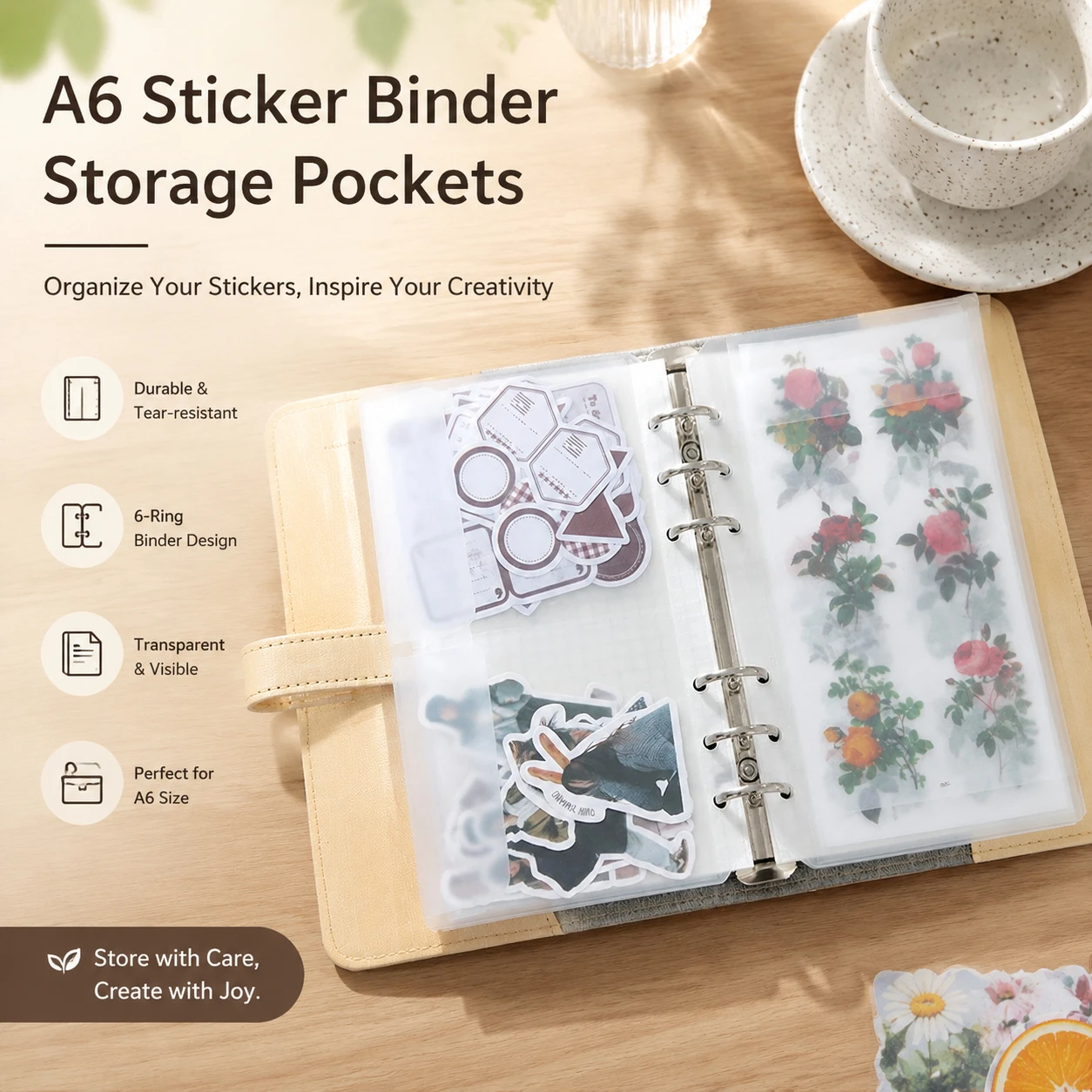 Fromthenon 5PCS Loose Leaf Sticker Organizer Pockets Clear PVC Waterproof A6 6 Hole Binder Storage Pouches Stationery Supplies