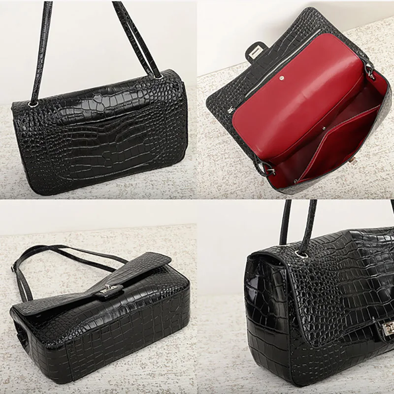 Trendy Trends Black Crocodile-patterned Shoulder Bags Women Large Capacity Genuine Leather Flap Square Bag Elegant Daily Commute