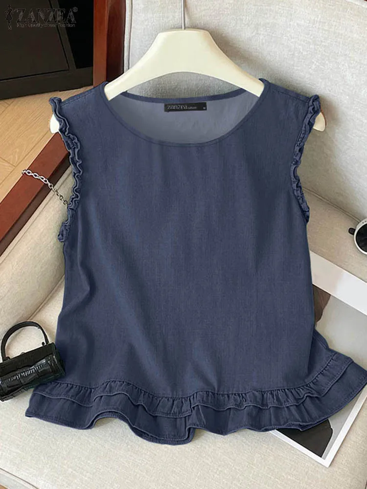 ZANZEA Ruffled Edge Sleeveless Blouses Women Elegant Solid Color Casual T-shirts Summer 2024 O Neck Korean Fashion Tank Tops