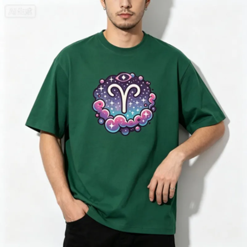Tshirt Dreamy Nebula Aries Zodiac Badge Design Star Moon Mystic Art Pattern Astrology Enthusiast Casual Outdoor Holiday Top