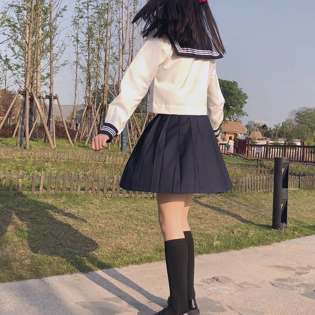 Japanese Style XS-2XL School Girls School Uniform Navy Clothing Women Sexy Navy Jk Basic Suit Sailor Blouse Pleated Skirt