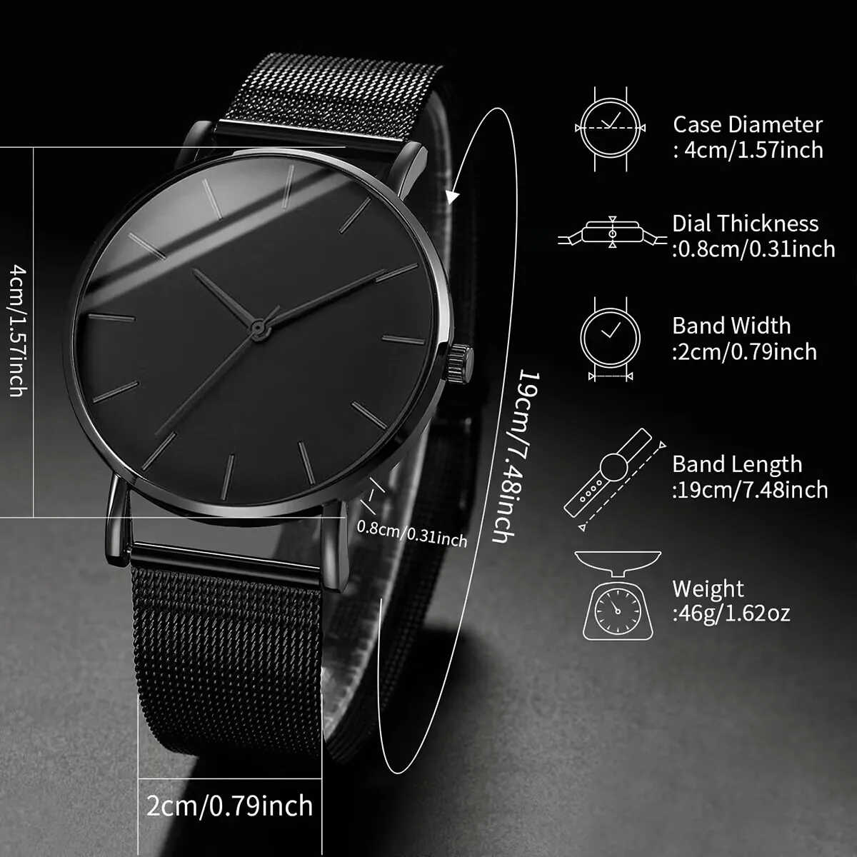 2PCS/Set Fashion Men's Black Mesh Band Quartz Watch With Beads Bracelet（Box not Included）