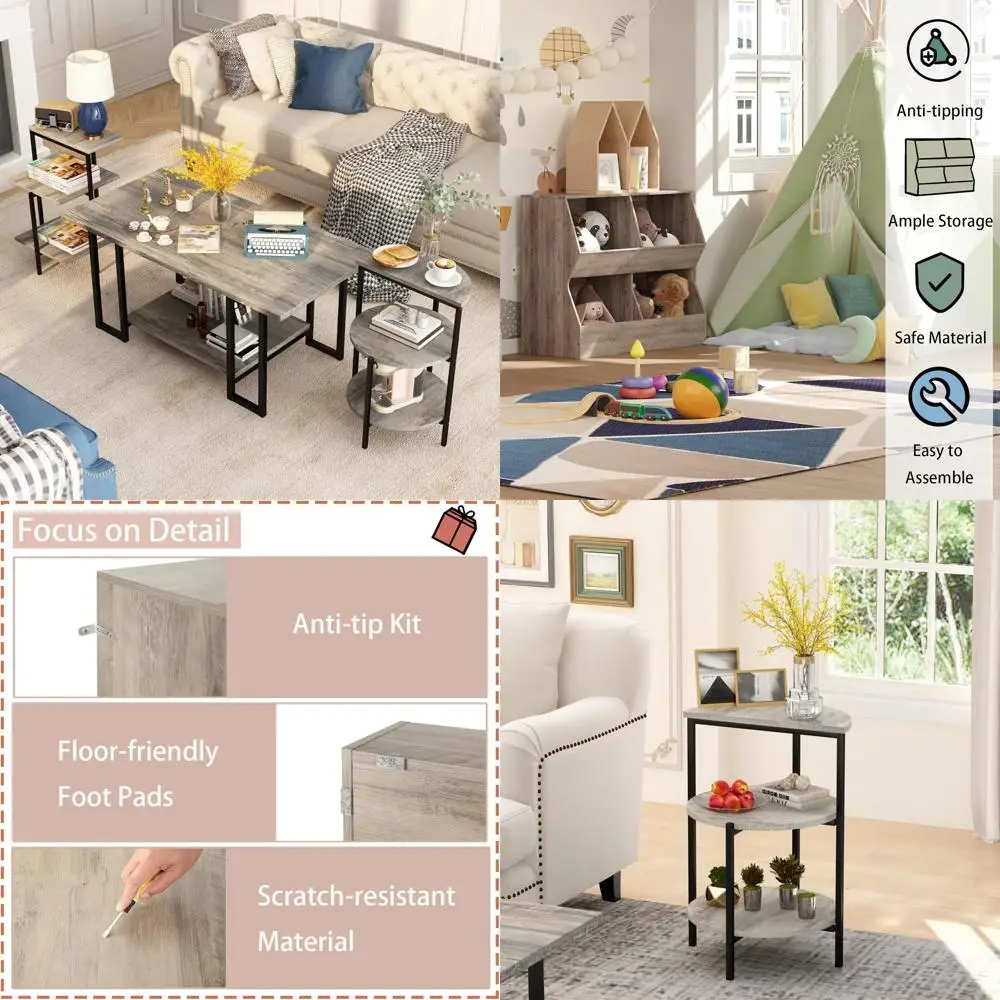 3-Piece Lamerge Coffee Table Set: Rectangular Coffee Table with 2 Faux Marble Accent Tables for Living Room