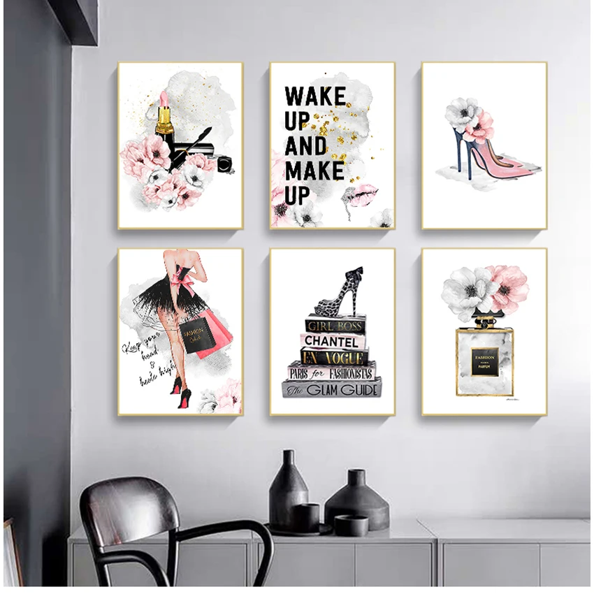 Imagen de pared moderna para habitación de niña, decoración del hogar, lápiz labial, Perfume, tacones altos, maquillaje de moda, impresión Floral, pintura artística en lienzo