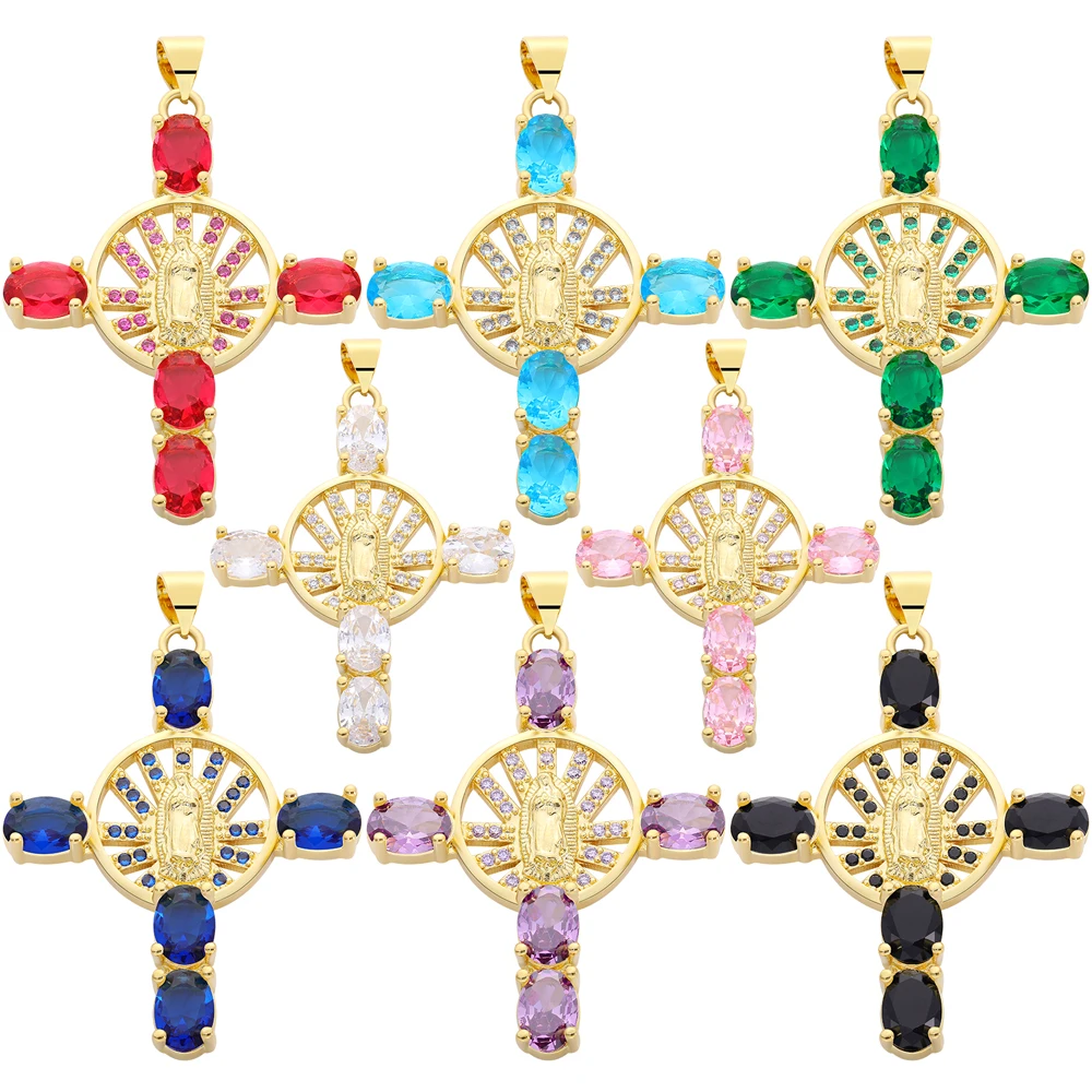 Juya 18K Real Gold Plated Handmade Colorful Zirconia Saint Virgin Mary Christian Cross Charms For DIY Religious Jewelry Making