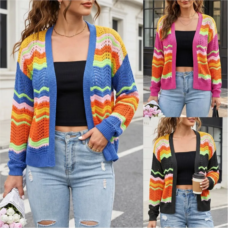 Women's Coat Autumn Winter New Rainbow Woven Cardigan Intercolor Stitching Striped Sweater Air-conditioning Shirt Wear For Women