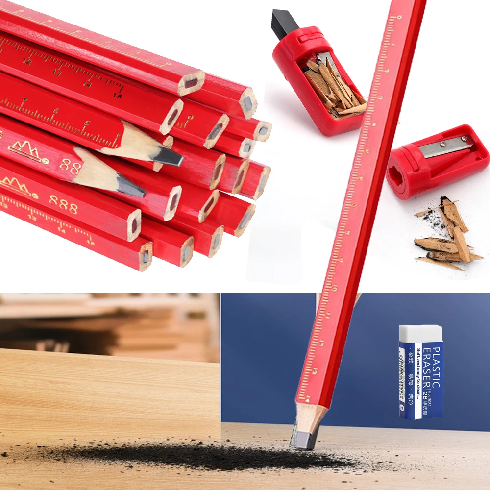 JOMPENS Anti-Slip Wooden Pencil Millimeter Scale Professional Grade Woodworking HB Pencil Black HB Lead Flat Octagon Drawing