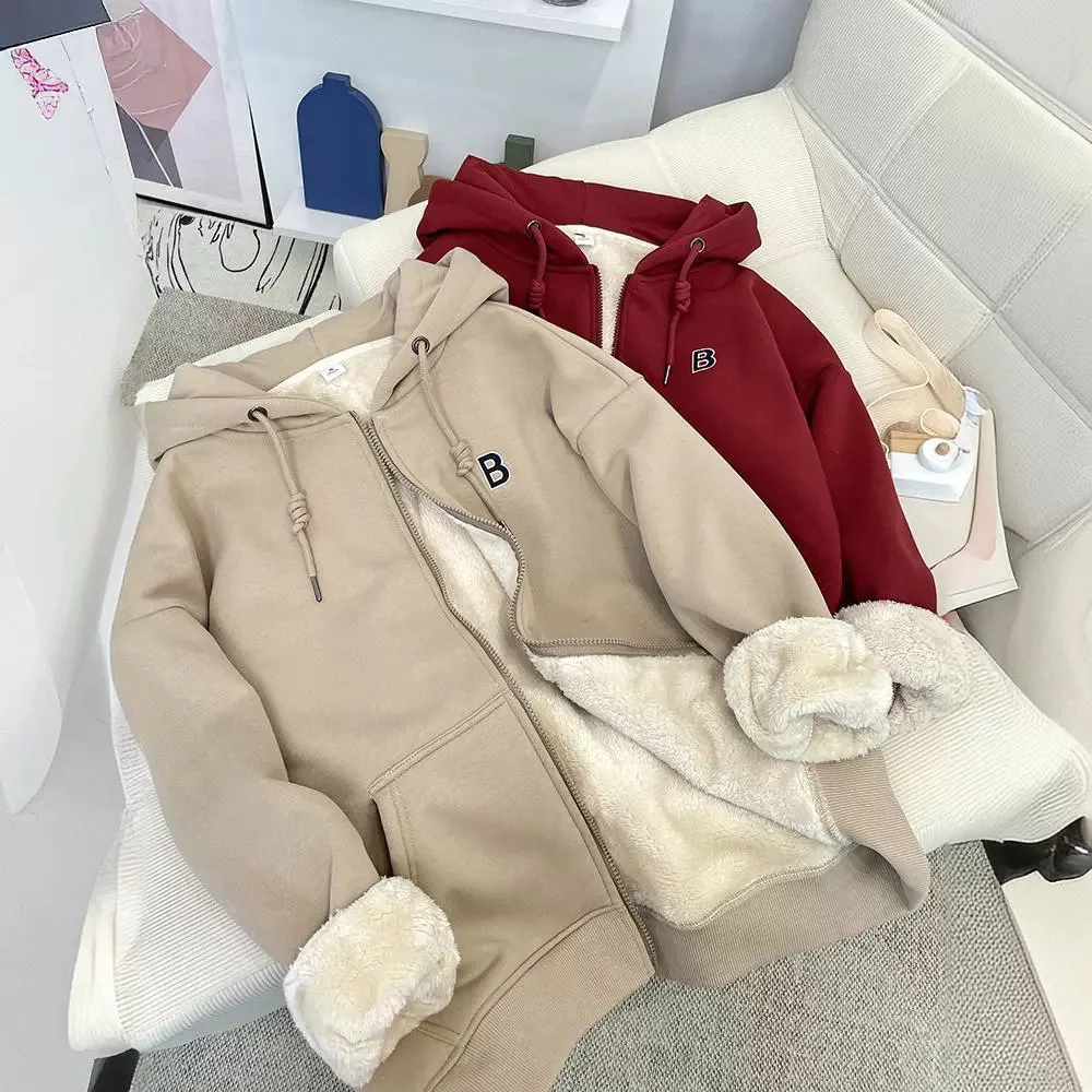 Padded Thickened Hooded Lamb's Wool Sweater Women's Fall and Winter Couple Models Loose Warm Long-sleeved Cardigan Zipper Jacket