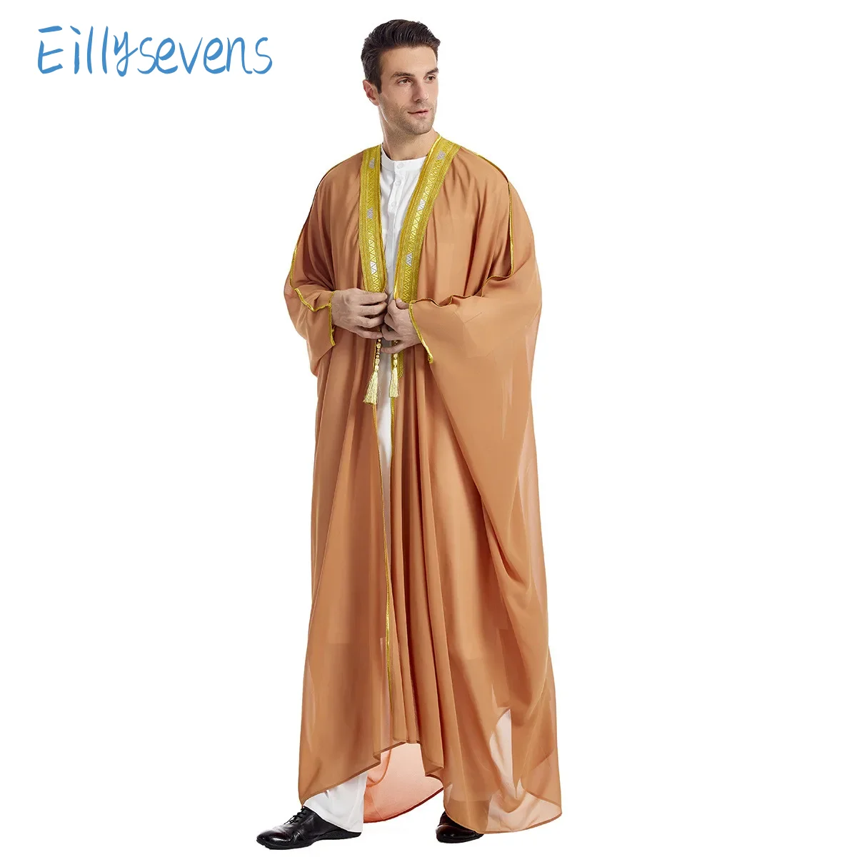 

Traditional Jubba Thobe Middle East Men Long-Sleeved Embroidered Cardigan Robe Beard And Gold Beaded Chiffon Outer Shawl Robe