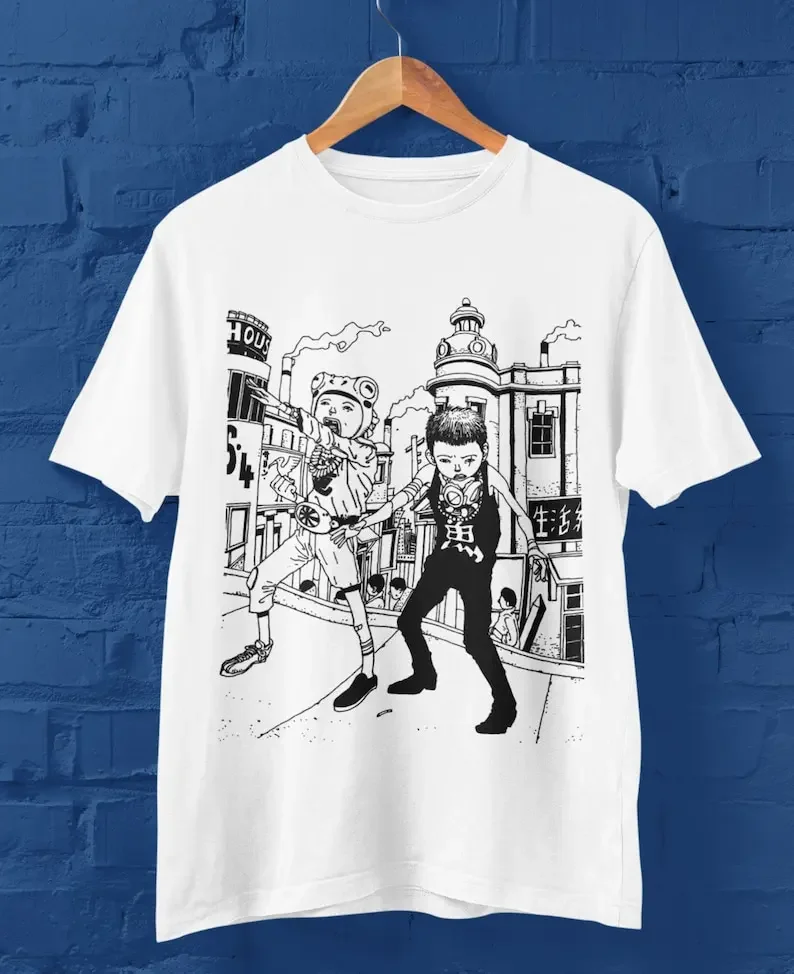 Camiseta de cuello redondo de anime, Taiyo Matsumoto, Tekkonkinkreet, blanco y negro, camiseta de Manga japonesa, regalo para Geeks Nerds Comic