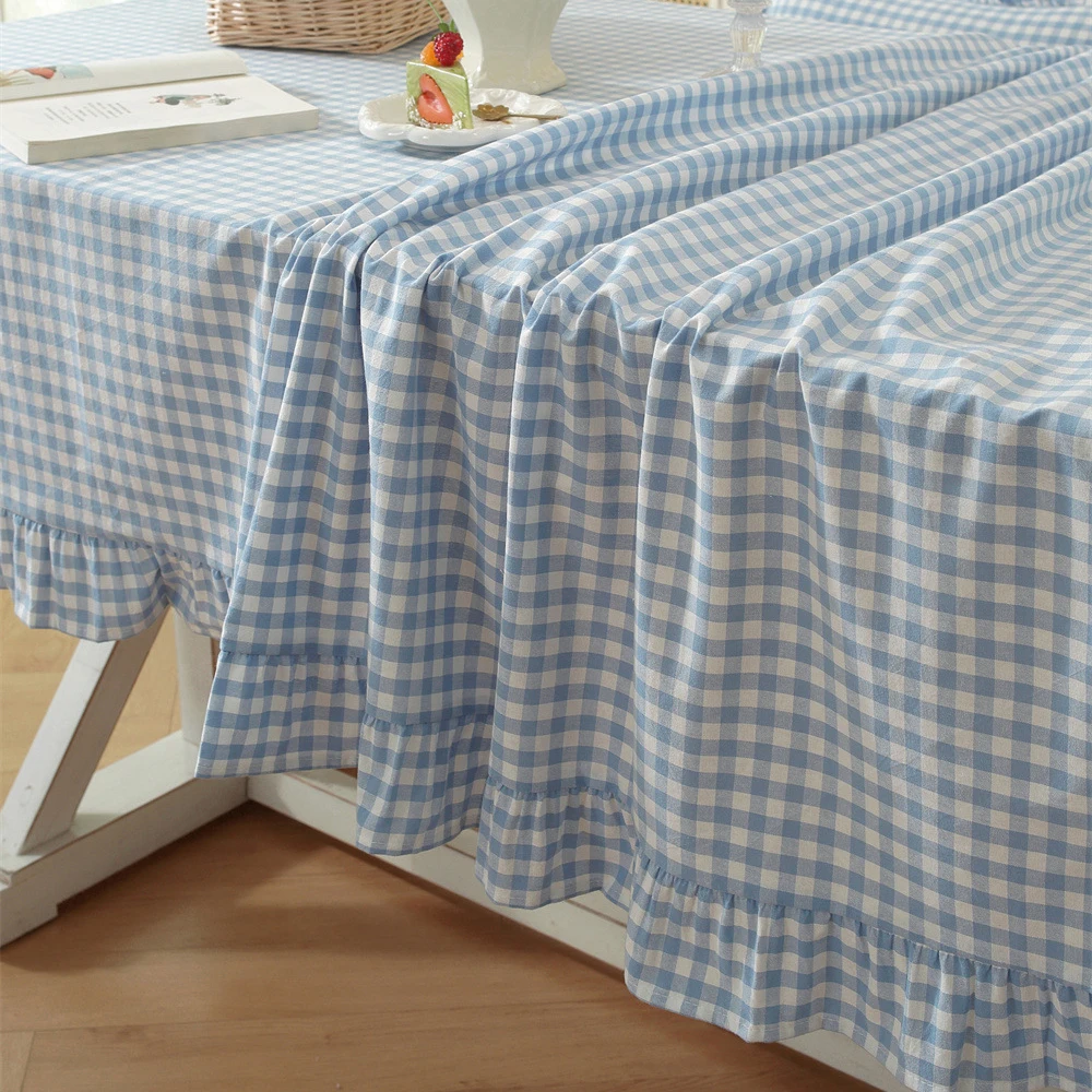 French Pastoral Blue Pliaid Tablecloth Solid-Color Woven Cotton Contrasting Color Ruffled Edge Tablecloths Decoration Table