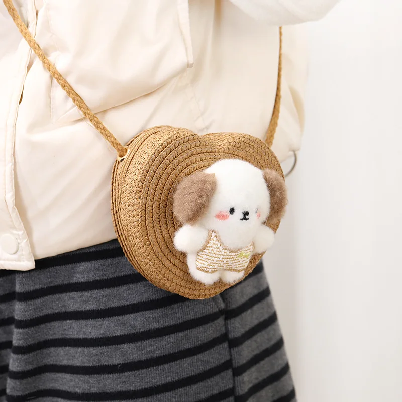Simpatica bambola di peluche per bambini Borse a tracolla in paglia Borsa a tracolla per vacanze al mare per ragazze Estate Borse rotonde per bambini piccoli Portamonete