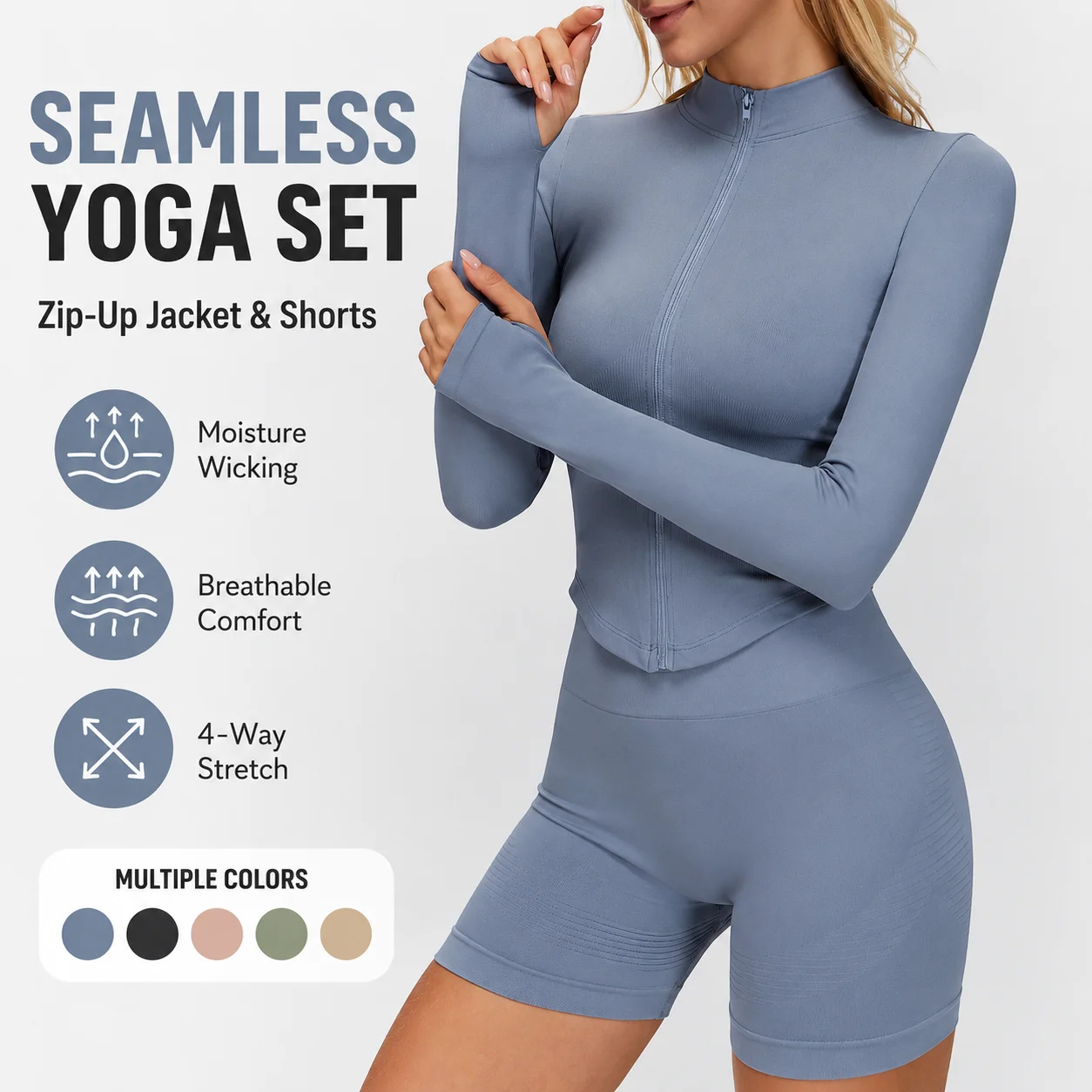 Women's Zip-Up Seamless Long Sleeve Yoga Jacket & Shorts Set - Gym Activewear with Butt Lifting, Multiple Colors, S-XL