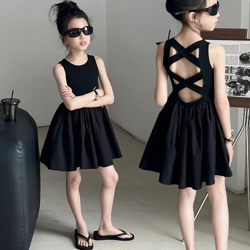 Girls' summer dress new Hepburn black suspender dress back hollow