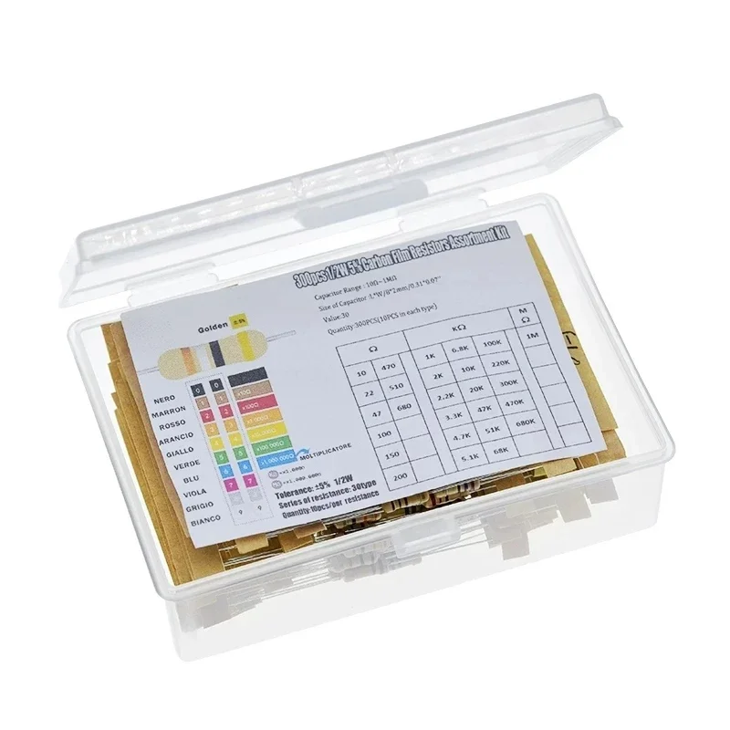 

1/2W carbon film resistor pack, 5%, 1 ohm-10M, commonly used 30 types of resistors, 10 each, for a total of 300 packs