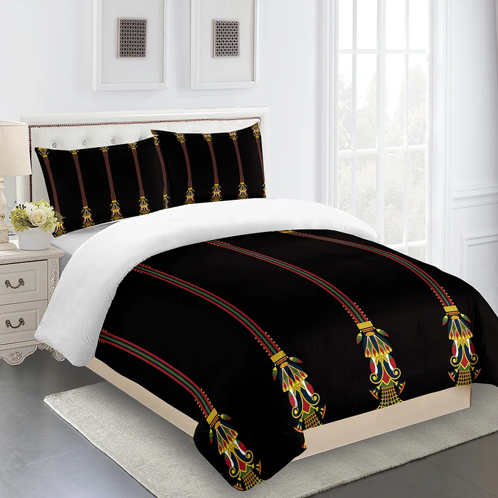 European and American Style Moroccan Bohemian Style Black Gold Stripe Bedding 3 Piece Set of 1 Quilt Cover 2 Pillowcases