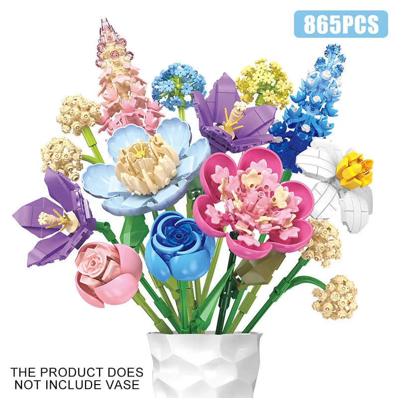 Creative 865Pcs Romantic Rose Flowers Bouquet Building Blocks DIY Peony Eternal Flower MOC Bricks Toys For Girls Valentine Gift