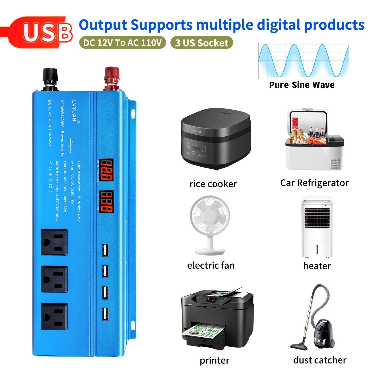 3000 واط 2400 واط العاكس موجة جيبية نقية DC12V إلى AC220V/110 فولت شاشة LED لثلاجة السيارة الخارجية/المصباح الكهربائي/الغلاية