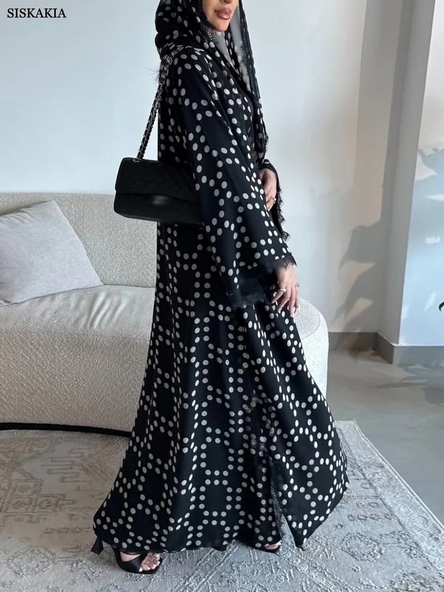 

Siskakia модный мусульманский кафтан в горошек с открытой абайей и кружевом, украшенный кафтан, хиджаб, женская одежда 2025