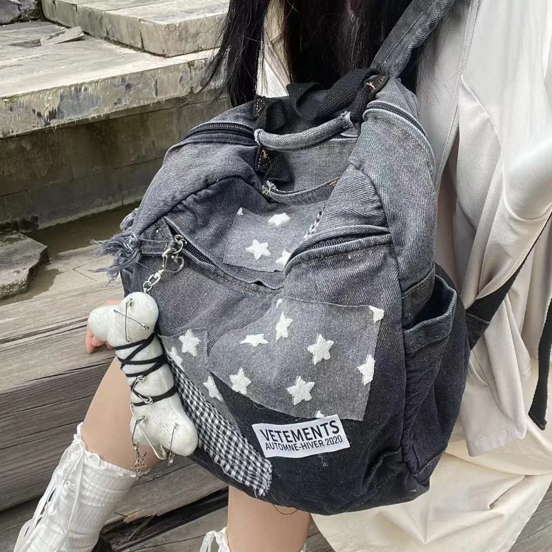 Patchwork Denim Star Plaid Vintage Schoolbags Japanese Fashion Retro Students Y2k Rucksacks Women Preppy Backpacks High-capacity