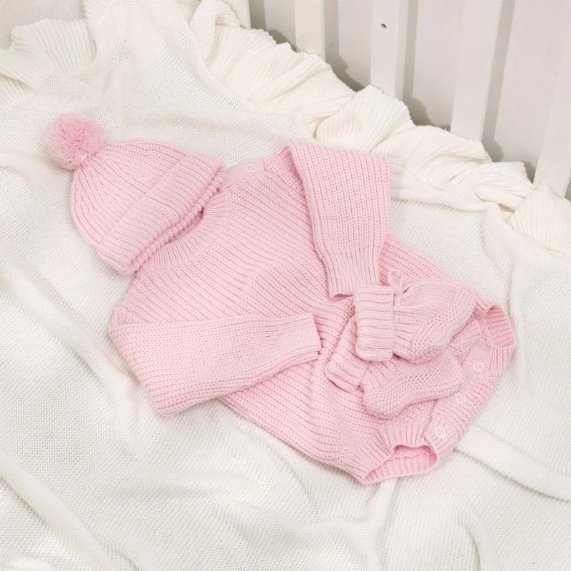 Y1UB Infant Cosy Knitted Jumpsuit with Hat and Booties Lovely Baby Apparel 0-6M Gift