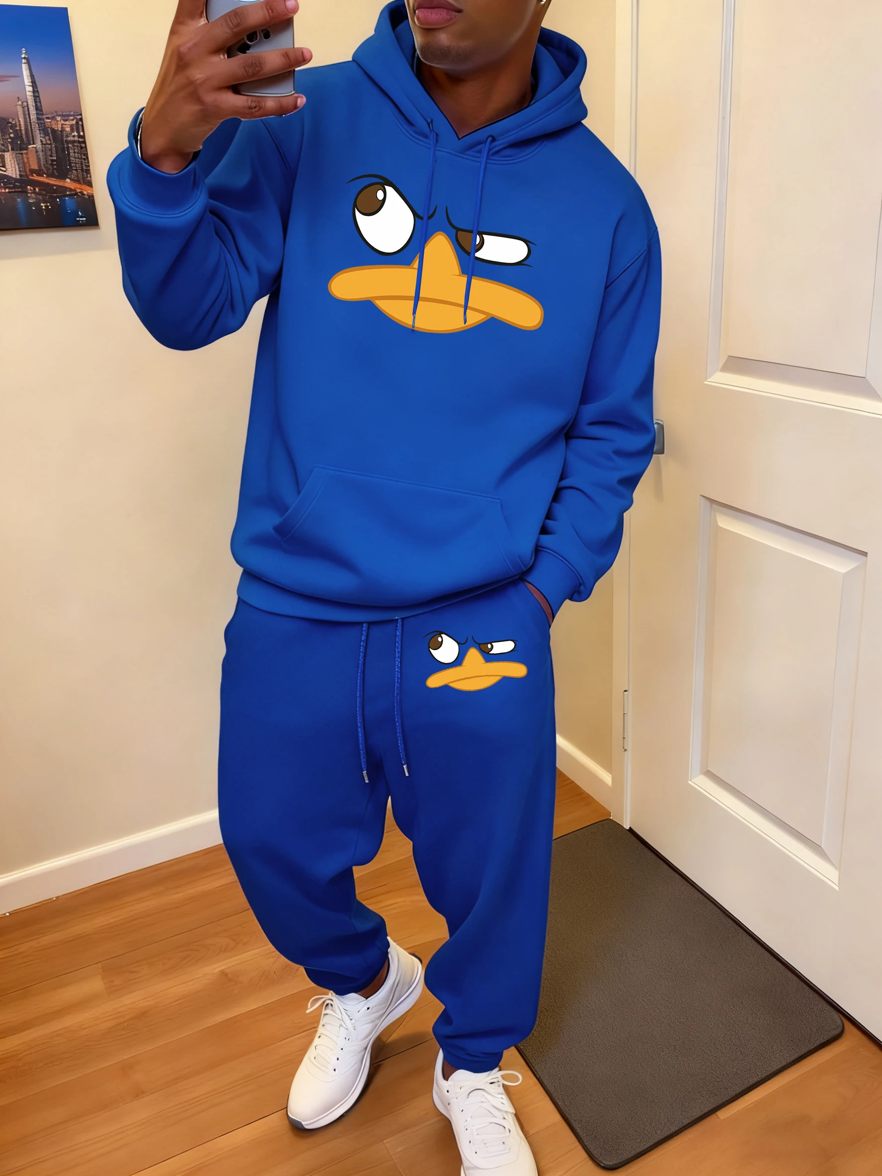 

Cartoon Frowning Duck Expression Prints Hoodies Mens Suit All-Match Loose Sweatpants Casual Pocket Top Autumn Fleece 2 Piece Set