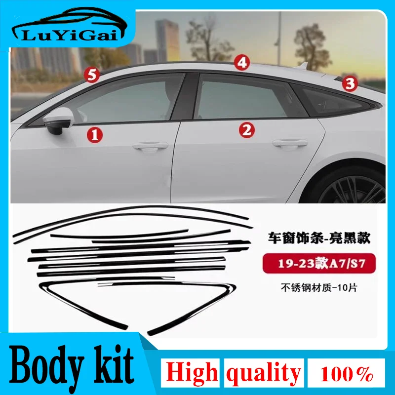 

car styling Black Steel Window Molding Frame Strips Trim Cover For Audi A7 S7 Sline 2012-2023