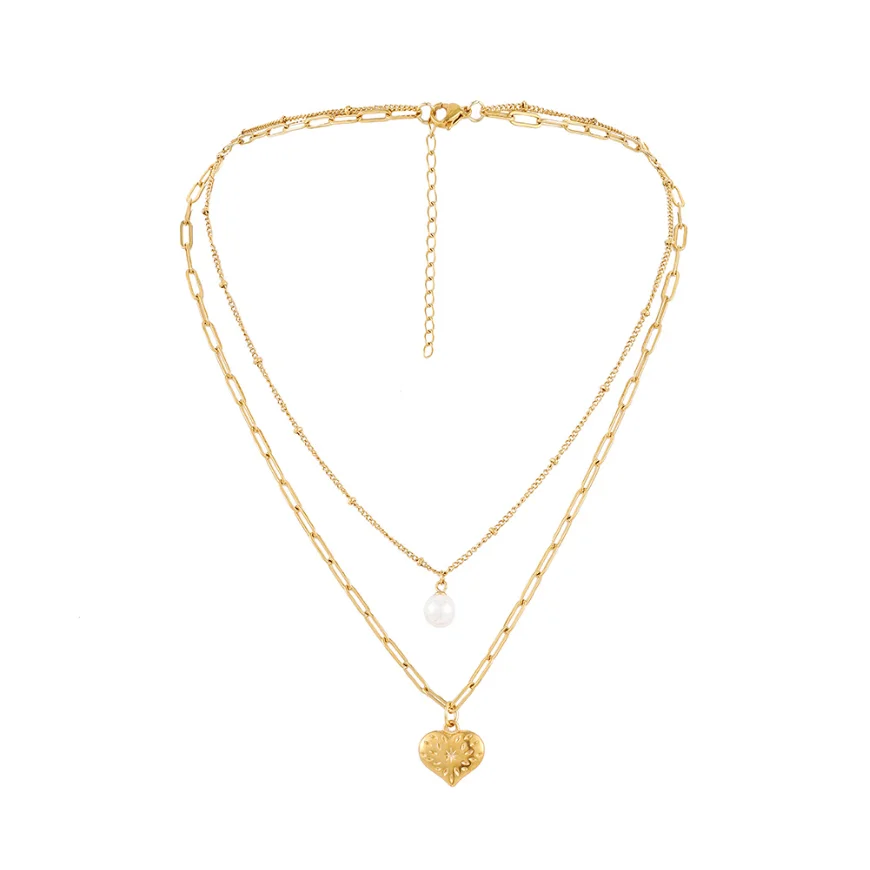 316L Stainless Steel New Fashion Fine Jewelry 2 Layer Beaded Pearl Love Heart Charm Chain Choker Necklaces Pendants For Women