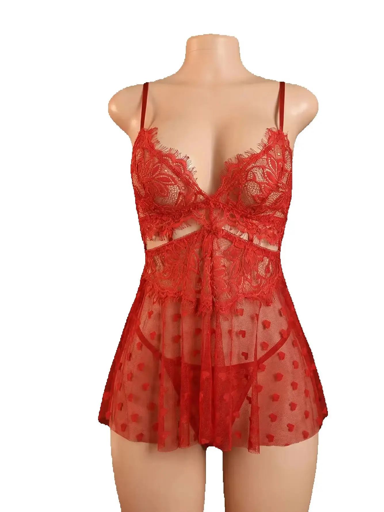 Red Heart Mesh Lace Lingerie Set Semi Sheer No Padding Criss Cross Back Slip Night Dress With Matching Thong Women Sexy Intimate
