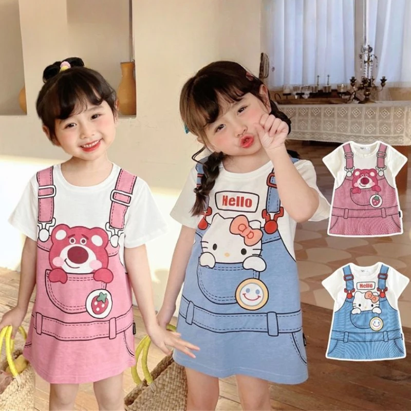 2024 Summer neonate Mini Dress Kids Cute Kitty t-shirt abiti Disney Cartoon Lotso Toddler manica corta abbigliamento Casual