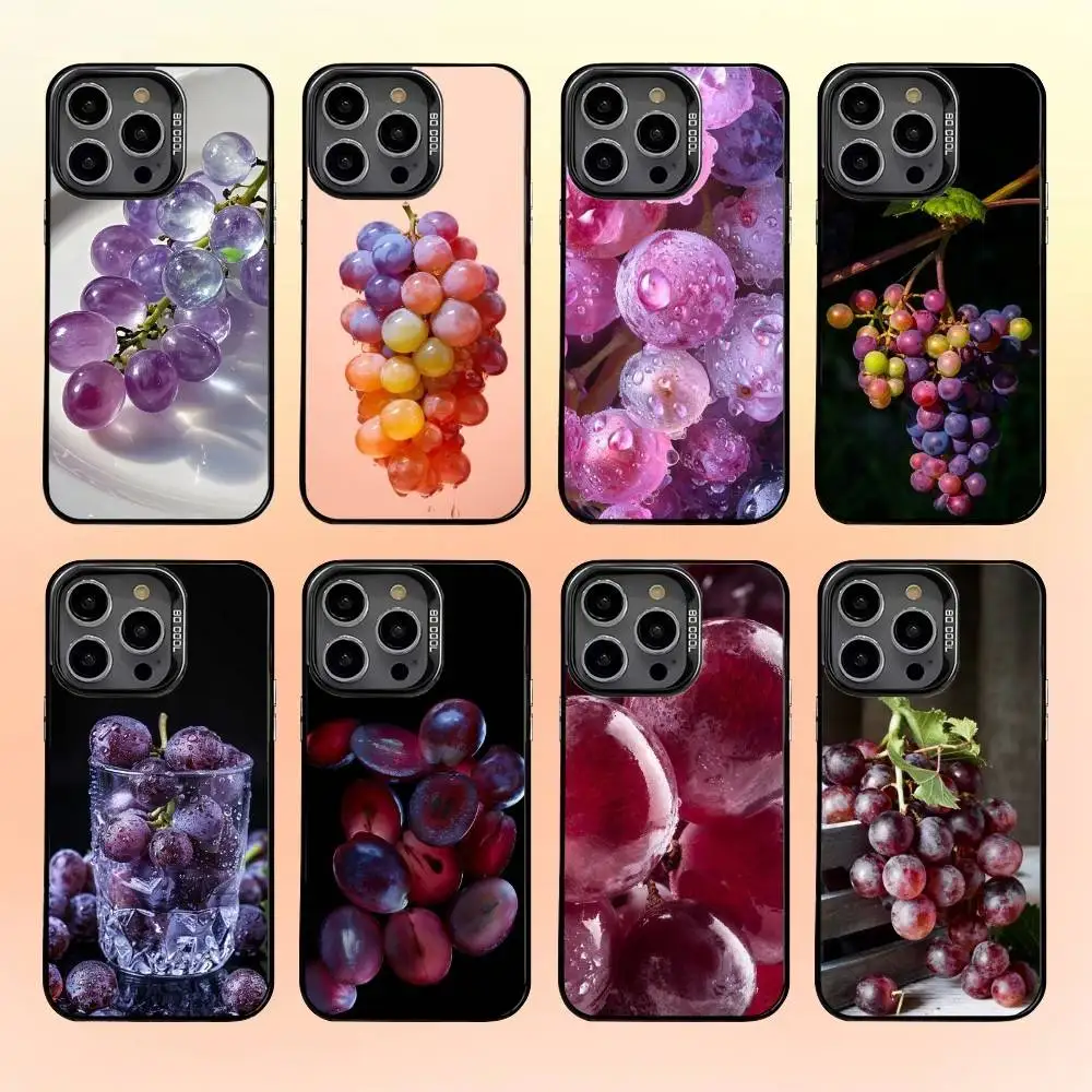 

Summer Fruit Grape Phone Case For iPhone16 15 14 13 12 Pro Max Grey Black Matte Laser Metallic Aurora Funda