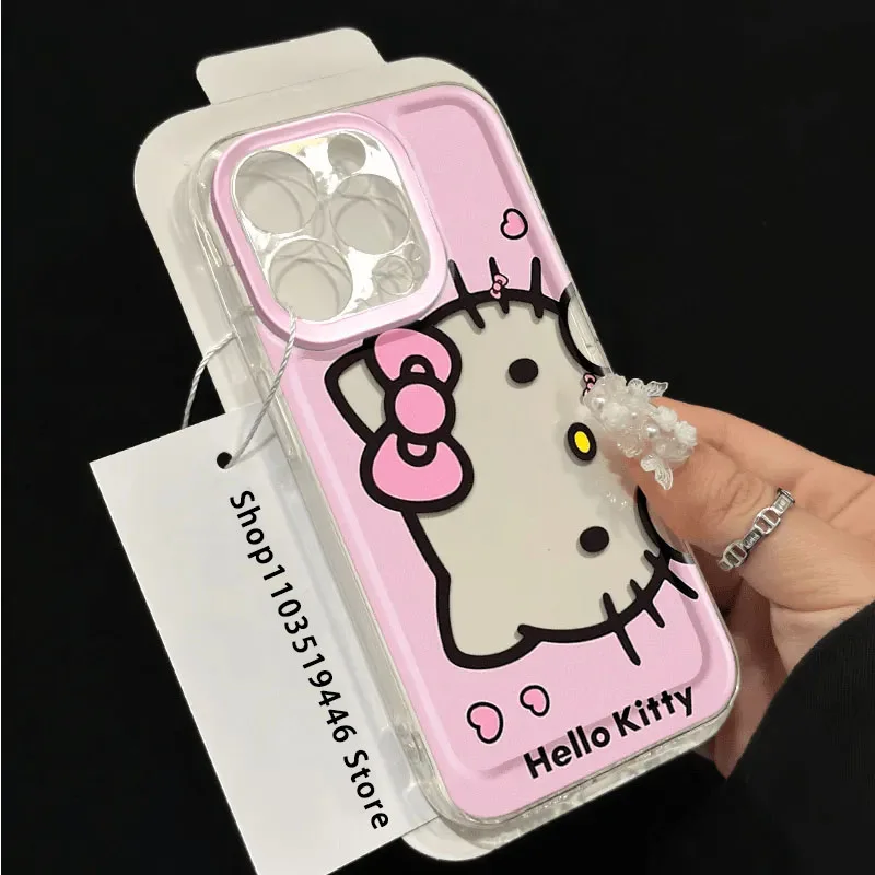 Pink Hello Kitty Face Bow Strap Phone Case For iPhone 16 15 14 13 12 11 Pro Max XR XS MAX 7 8 PLUS MINI Kawaii Y2K Lovely Cover