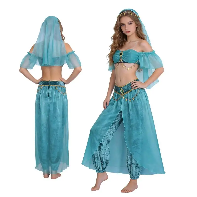 Disfraz de Princesa Jasmín de Aladdin para Mujer, Vestido de Danza del Vientre Árabe, Traje para Halloween, Carnaval, Fiesta Temática, Disfraz Elegante