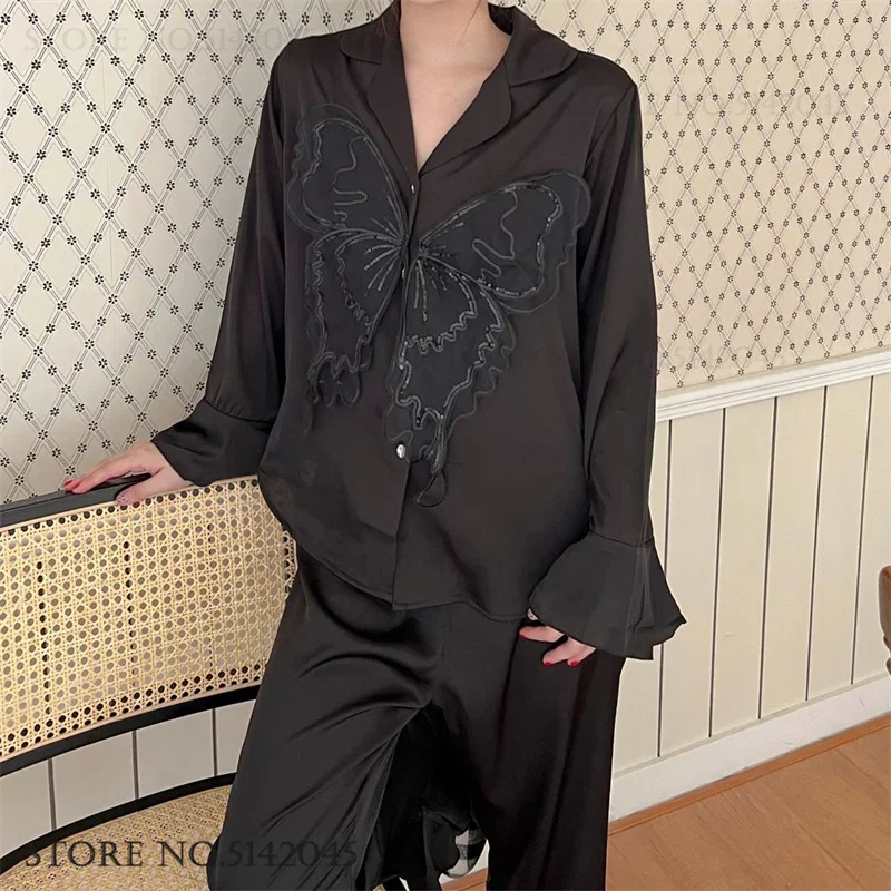 

Novelty Butterfly Lace 2Pcs Pajamas Set Spring Autumn Long Sleeve Trouser Home Clothes Loose Casual Ice Silk Sleepwear Pijamas